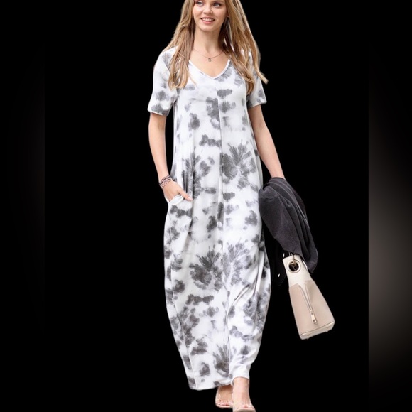 New Soft Brushed Terry Tie dye V neck pocket maxi dress - Picture 2 of 2